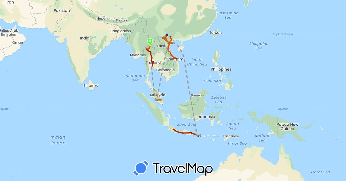 TravelMap itinerary: plane, boat, train, car, walk, bus, motor bike, cable car, bike in Indonesia, Malaysia, Thailand, Vietnam (Asia)